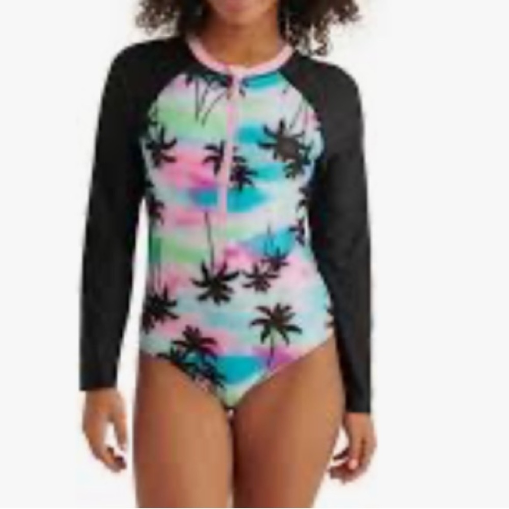 🔥10 for $100🔥 NWT Justice Kids Long Sleeve Palm Tree Swimsuit size 10 upf 50+